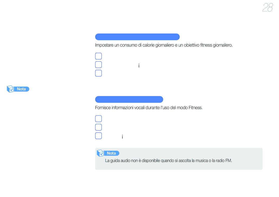 Samsung YP-U6AB/EDC manual Fitness, Impostazione delle informazioni fitness, Impostazione di un obiettivo giornaliero 