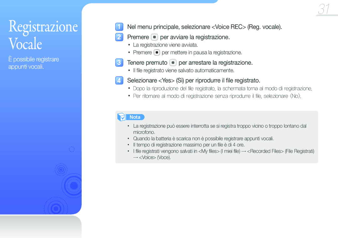 Samsung YP-U6AP/EDC, YP-U6AB/EDC manual Tenere premuto oper arrestare la registrazione, Possibile registrare appunti vocali 