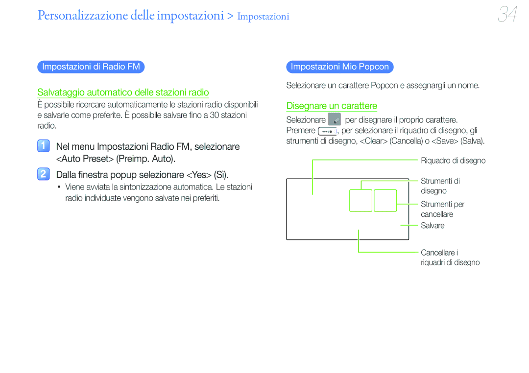 Samsung YP-U6AB/EDC, YP-U6AP/EDC manual Impostazioni Mio Popcon, Selezionare un carattere Popcon e assegnargli un nome 