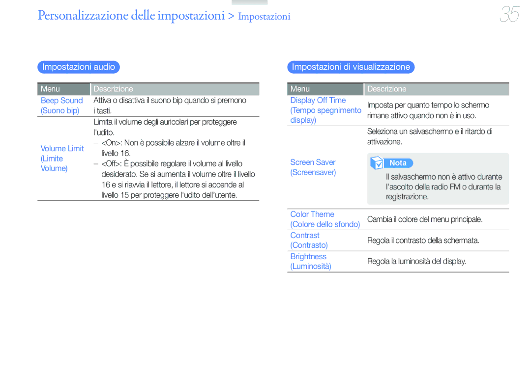 Samsung YP-U6AP/EDC, YP-U6AB/EDC manual Impostazioni audio, Impostazioni di visualizzazione 