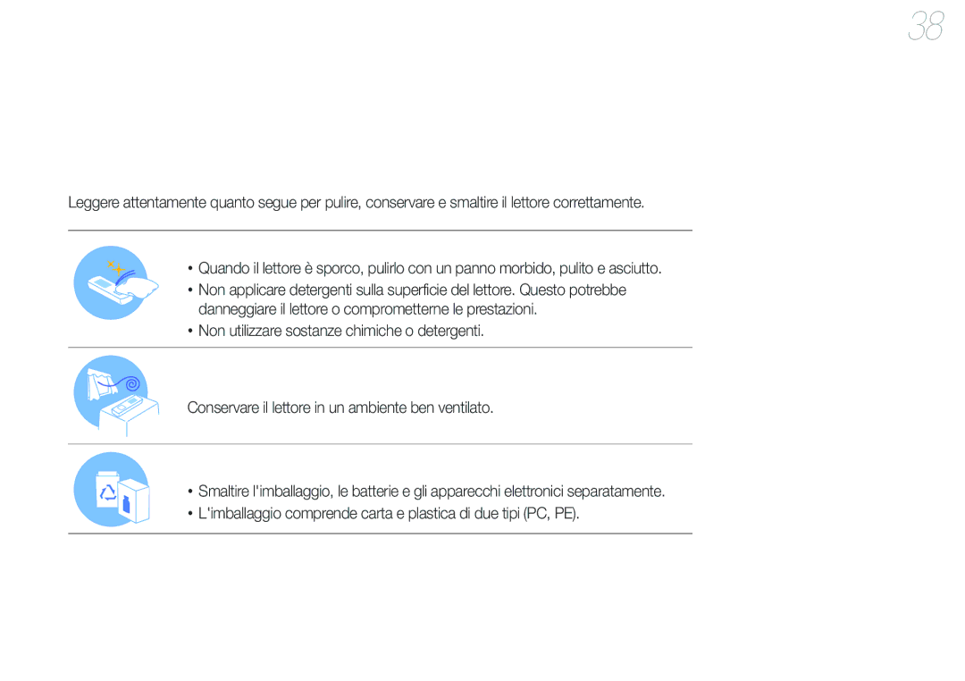 Samsung YP-U6AB/EDC, YP-U6AP/EDC manual Manutenzione del lettore, Non utilizzare sostanze chimiche o detergenti 