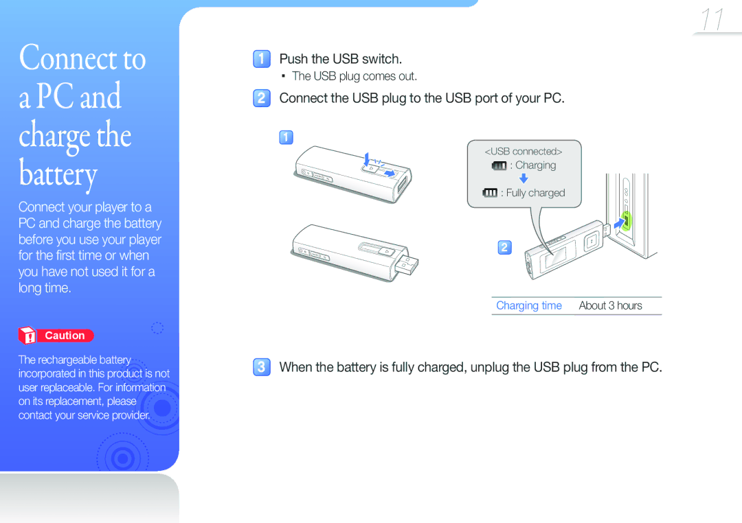 Samsung YP-U6AP/XEF, YP-U6AB/XEF, YP-U6QP/XEF, YP-U6QB/XEF, YP-U6AB/EDC, YP-U6AP/EDC manual USB plug comes out, Charging time 