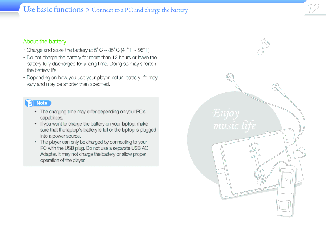 Samsung YP-U6QP/XEF, YP-U6AB/XEF, YP-U6AP/XEF, YP-U6QB/XEF manual Use basic functions Connect to a PC and charge the battery 