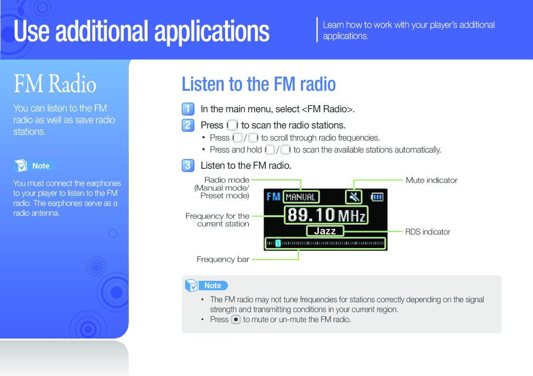 Samsung YP-U6QB/XEF, YP-U6AB/XEF, YP-U6AP/XEF, YP-U6QP/XEF, YP-U6AB/EDC, YP-U6AP/EDC manual FM Radio, Listen to the FM radio 