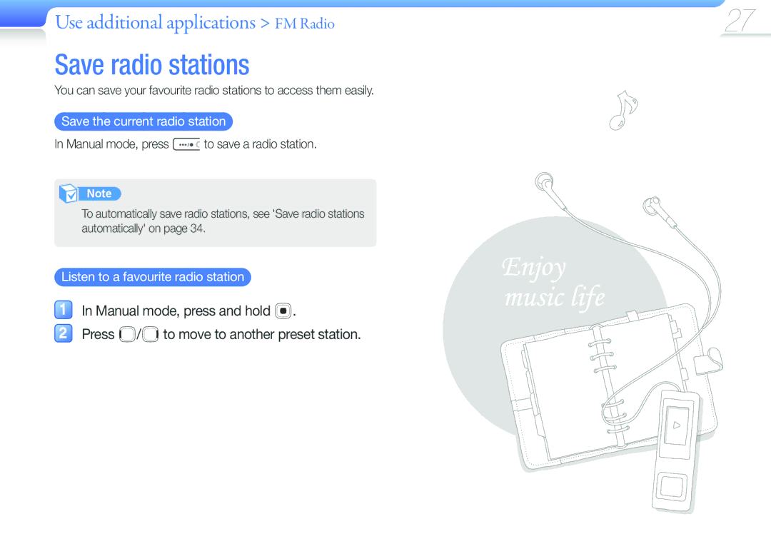 Samsung YP-U6AP/EDC, YP-U6AB/XEF, YP-U6AP/XEF manual Save radio stations, Save the current radio station, Manual mode, press 