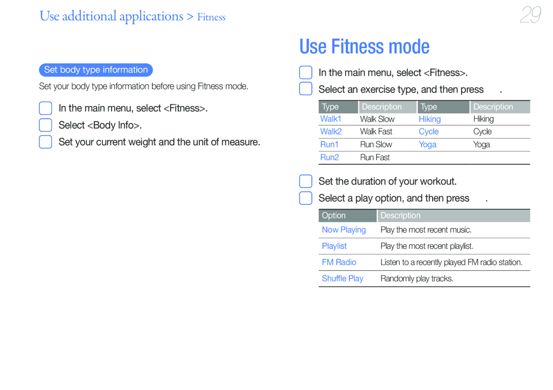 Samsung YP-U6QB/EDC Use additional applications Fitness, Set body type information, Type Description, Option Description 