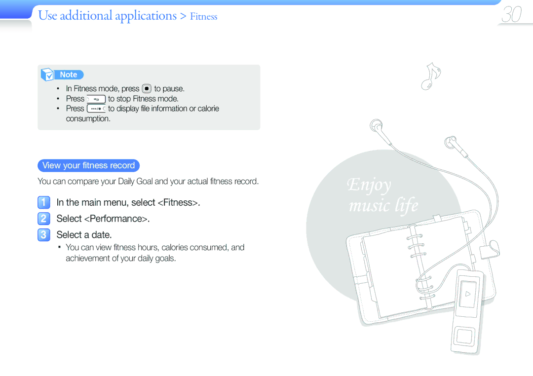 Samsung YP-U6QP/SUN, YP-U6AB/XEF, YP-U6AP/XEF, YP-U6QP/XEF, YP-U6QB/XEF, YP-U6AB/EDC, YP-U6AP/EDC manual View your fitness record 