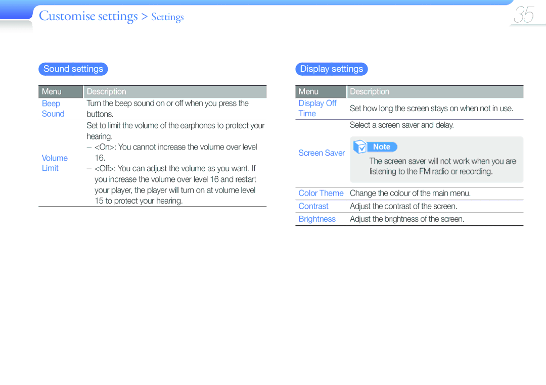 Samsung YP-U6AP/XEF, YP-U6AB/XEF, YP-U6QP/XEF, YP-U6QB/XEF, YP-U6AB/EDC, YP-U6AP/EDC manual Sound settings, Display settings 