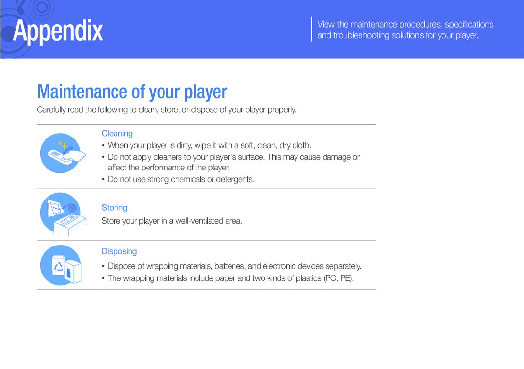 Samsung YP-U6AB/EDC, YP-U6AB/XEF, YP-U6AP/XEF manual Maintenance of your player, Store your player in a well-ventilated area 