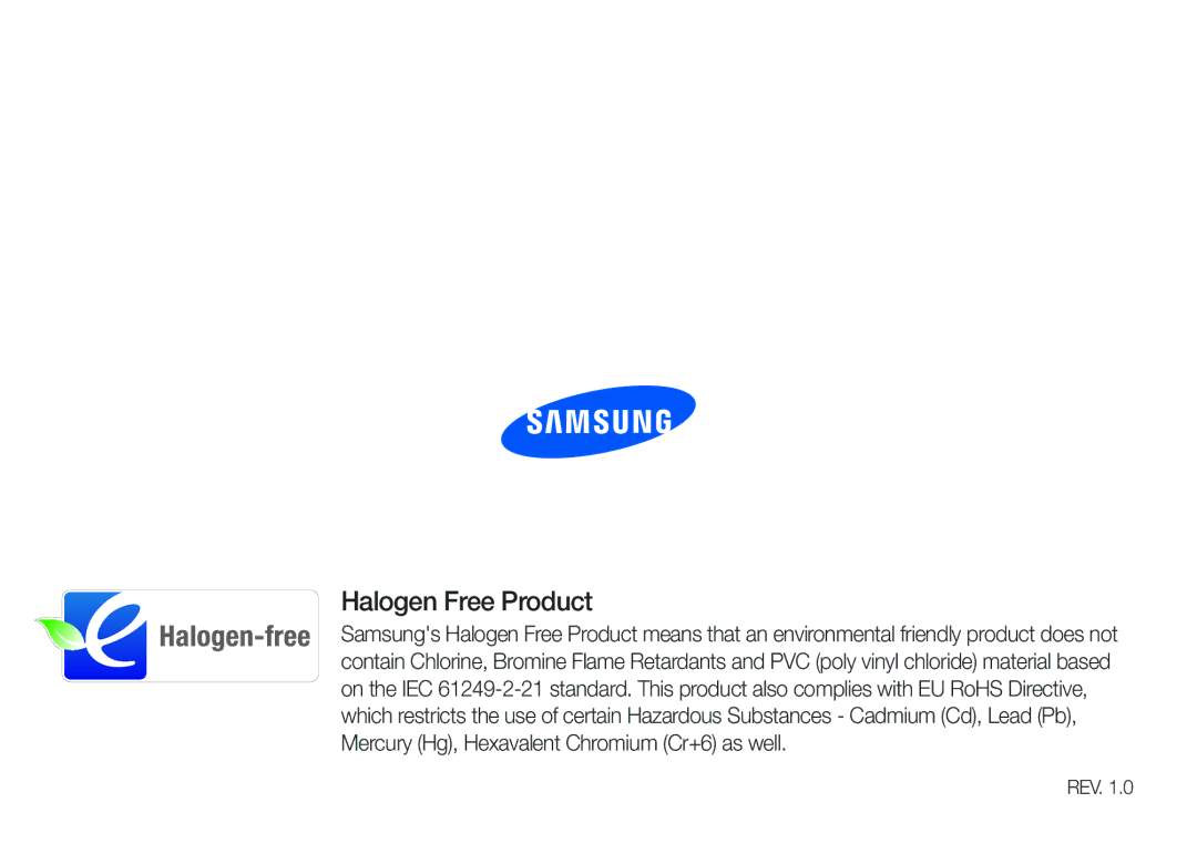 Samsung YP-U6AB/XEF, YP-U6AP/XEF, YP-U6QP/XEF, YP-U6QB/XEF, YP-U6AB/EDC, YP-U6AP/EDC, YP-U6QP/EDC manual Halogen Free Product 