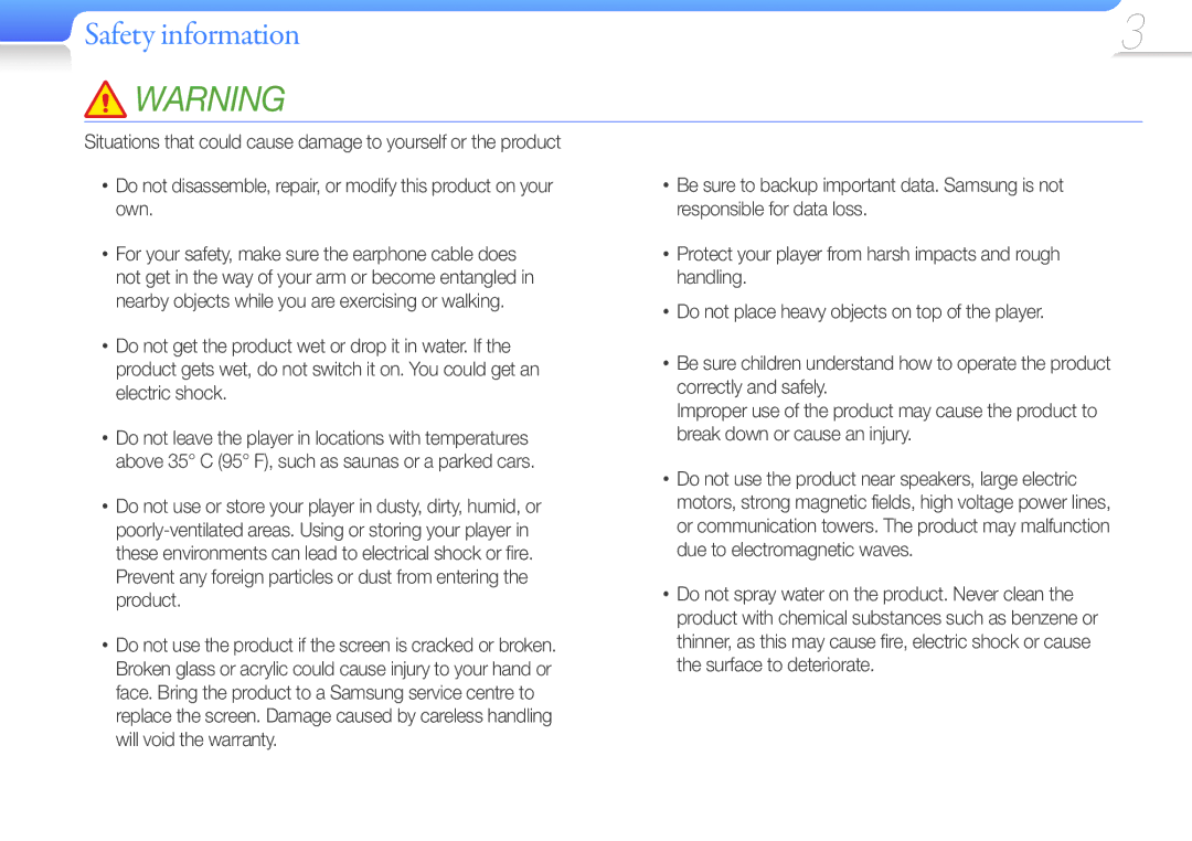 Samsung YP-U6AP/EDC, YP-U6AB/XEF, YP-U6AP/XEF, YP-U6QP/XEF, YP-U6QB/XEF, YP-U6AB/EDC, YP-U6QP/EDC manual Safety information 