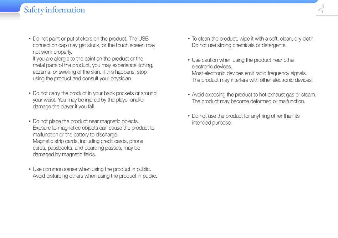 Samsung YP-U6QP/EDC, YP-U6AB/XEF, YP-U6AP/XEF, YP-U6QP/XEF, YP-U6QB/XEF, YP-U6AB/EDC, YP-U6AP/EDC manual Safety information 