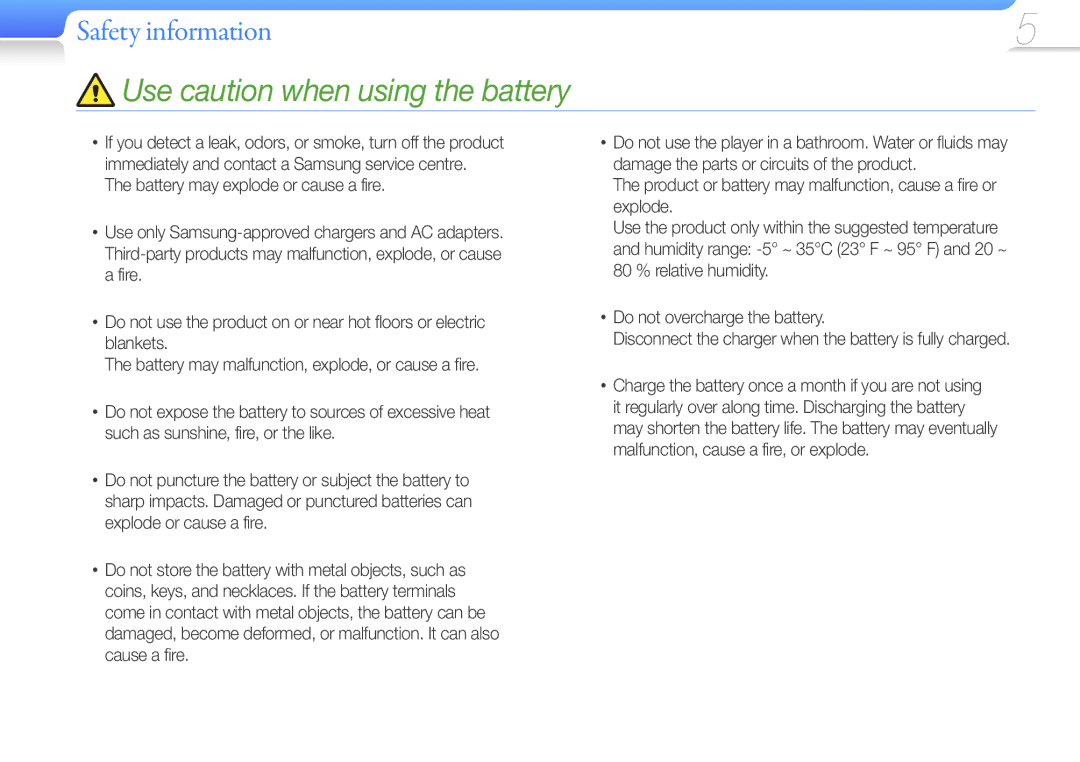 Samsung YP-U6QB/EDC, YP-U6AB/XEF, YP-U6AP/XEF, YP-U6QP/XEF, YP-U6QB/XEF, YP-U6AB/EDC manual Use caution when using the battery 