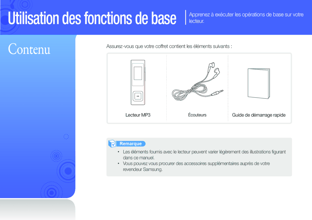 Samsung YP-U6QP/XEF, YP-U6AB/XEF, YP-U6AP/XEF, YP-U6QB/XEF manual Contenu 