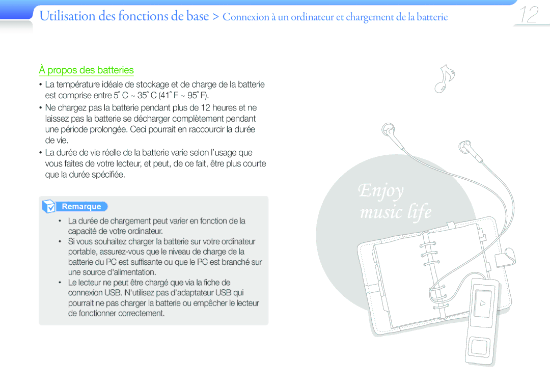 Samsung YP-U6QP/XEF, YP-U6AB/XEF, YP-U6AP/XEF, YP-U6QB/XEF manual Propos des batteries 