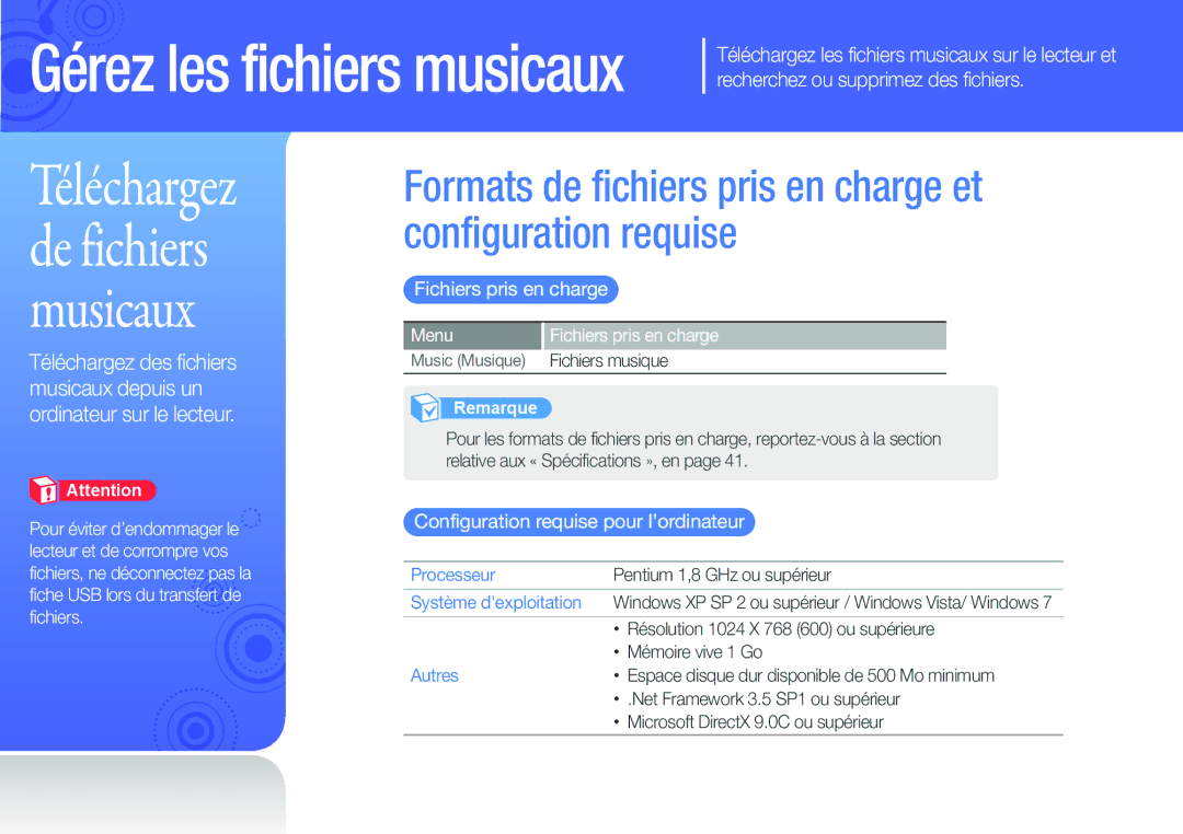 Samsung YP-U6AP/XEF, YP-U6AB/XEF, YP-U6QP/XEF Configuration requise pour l’ordinateur, Menu Fichiers pris en charge 