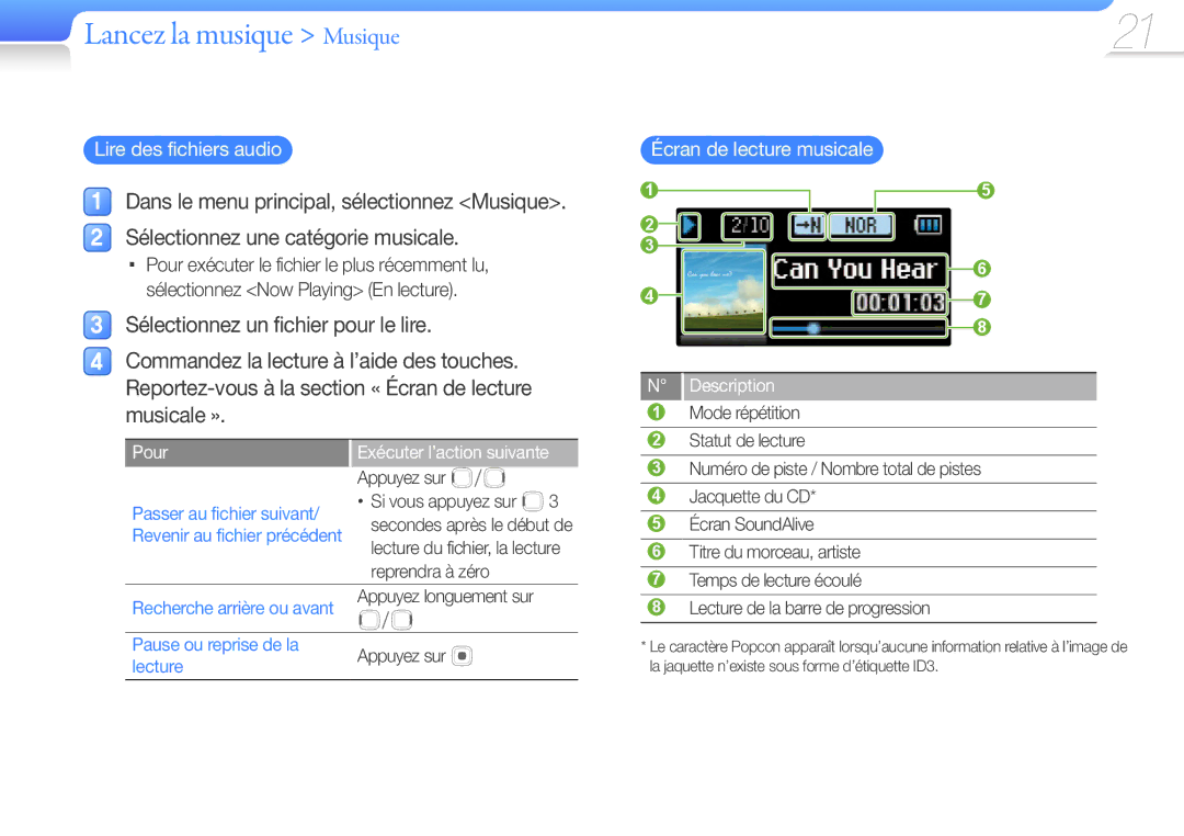 Samsung YP-U6QB/XEF, YP-U6AB/XEF, YP-U6AP/XEF Lancez la musique Musique, Lire des fichiers audio, Écran de lecture musicale 