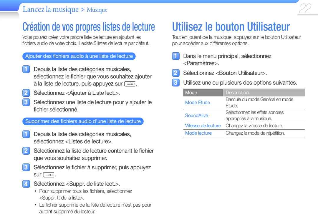 Samsung YP-U6AB/XEF Ajouter des fichiers audio à une liste de lecture, Supprimer des fichiers audio d’une liste de lecture 