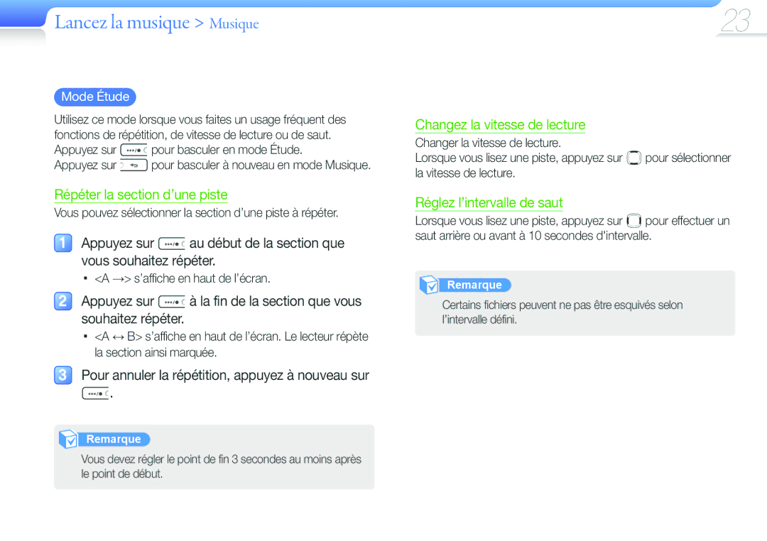Samsung YP-U6AP/XEF manual Pour annuler la répétition, appuyez à nouveau sur, Mode Étude, → s’affiche en haut de l’écran 