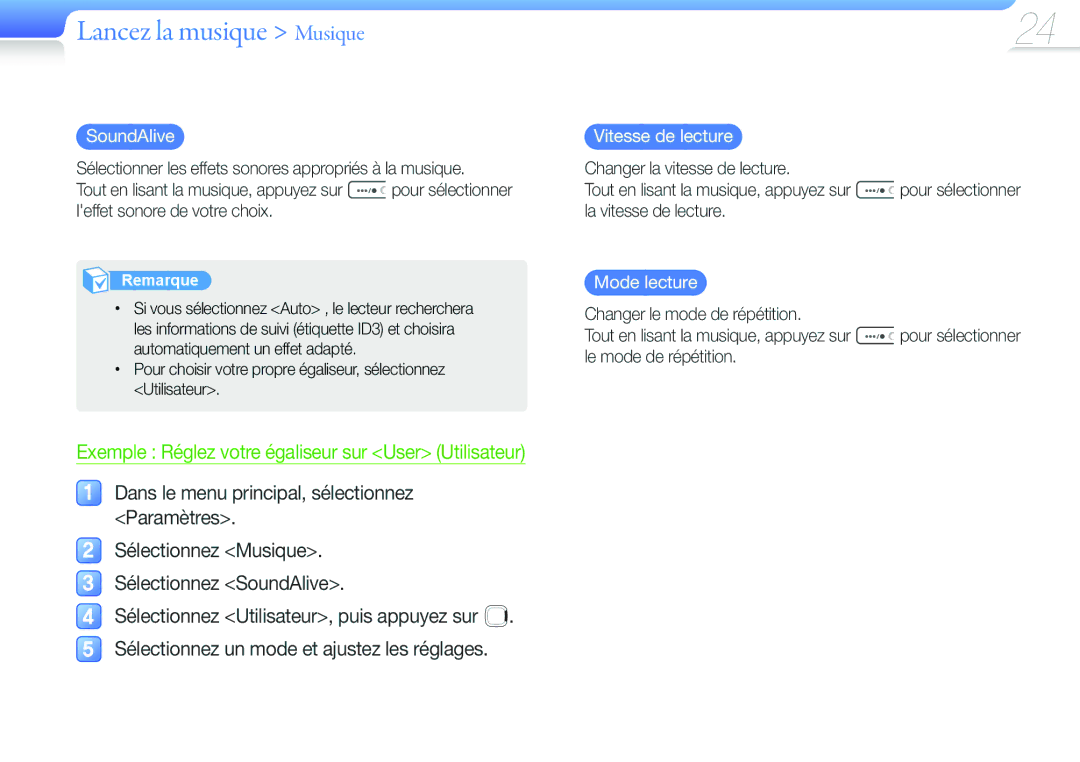 Samsung YP-U6QP/XEF manual Dans le menu principal, sélectionnez Paramètres, SoundAlive, Vitesse de lecture, Mode lecture 