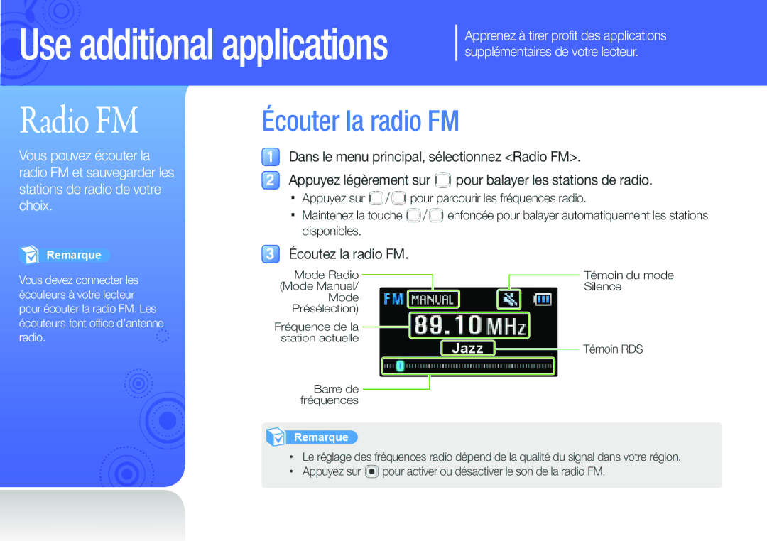 Samsung YP-U6QB/XEF, YP-U6AB/XEF, YP-U6AP/XEF, YP-U6QP/XEF manual Écouter la radio FM, Écoutez la radio FM 