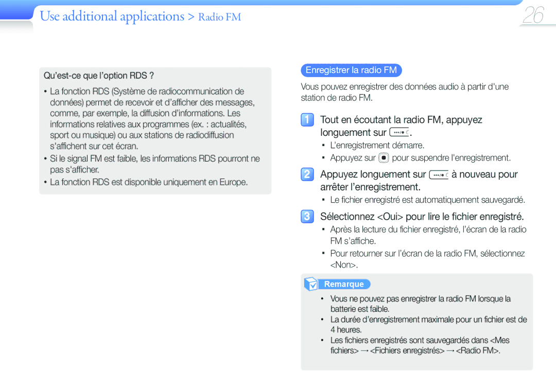 Samsung YP-U6AB/XEF manual Use additional applications Radio FM, Tout en écoutant la radio FM, appuyez Longuement sur 