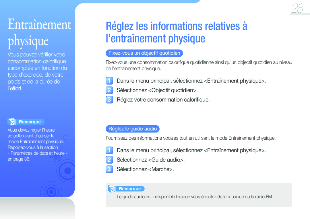 Samsung YP-U6QP/XEF manual Fixez-vous un objectif quotidien, Réglez le guide audio, « Paramètres de date et heure » en 