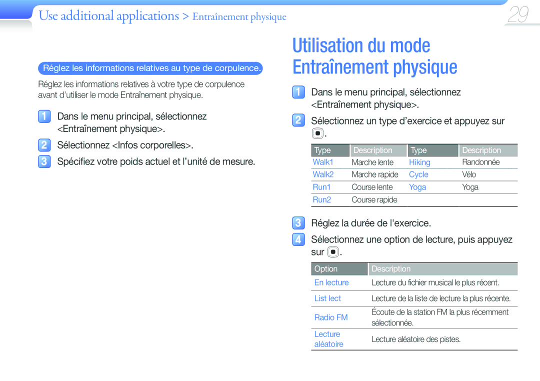 Samsung YP-U6QB/XEF manual Utilisation du mode Entraînement physique, Use additional applications Entraînement physique 