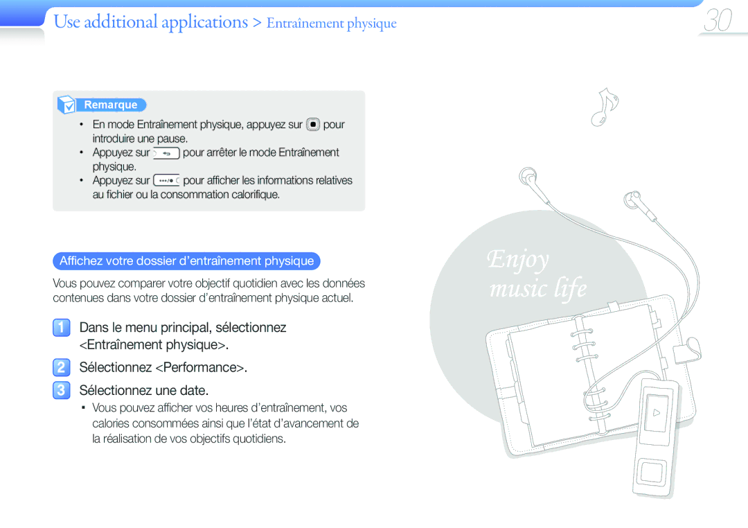 Samsung YP-U6AB/XEF, YP-U6AP/XEF, YP-U6QP/XEF, YP-U6QB/XEF manual Affichez votre dossier d’entraînement physique 