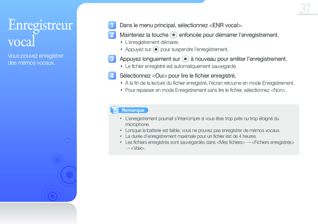 Samsung YP-U6AP/XEF manual Le fichier enregistré est automatiquement sauvegardé, Vous pouvez enregistrer des mémos vocaux 