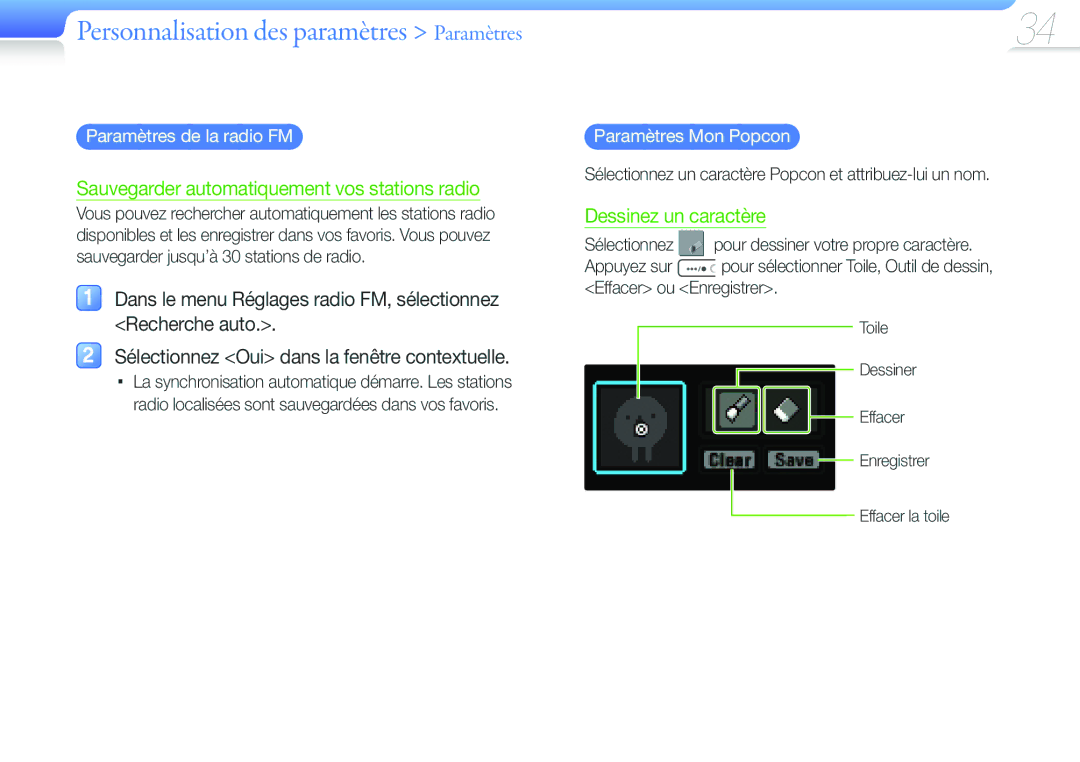 Samsung YP-U6AB/XEF, YP-U6AP/XEF manual Paramètres Mon Popcon, Sélectionnez un caractère Popcon et attribuez-lui un nom 