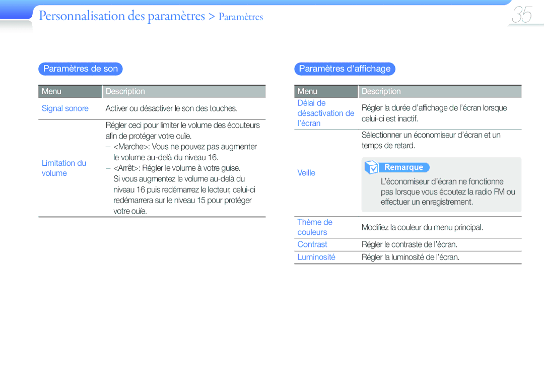 Samsung YP-U6AP/XEF, YP-U6AB/XEF, YP-U6QP/XEF, YP-U6QB/XEF manual Paramètres de son, Paramètres daffichage 