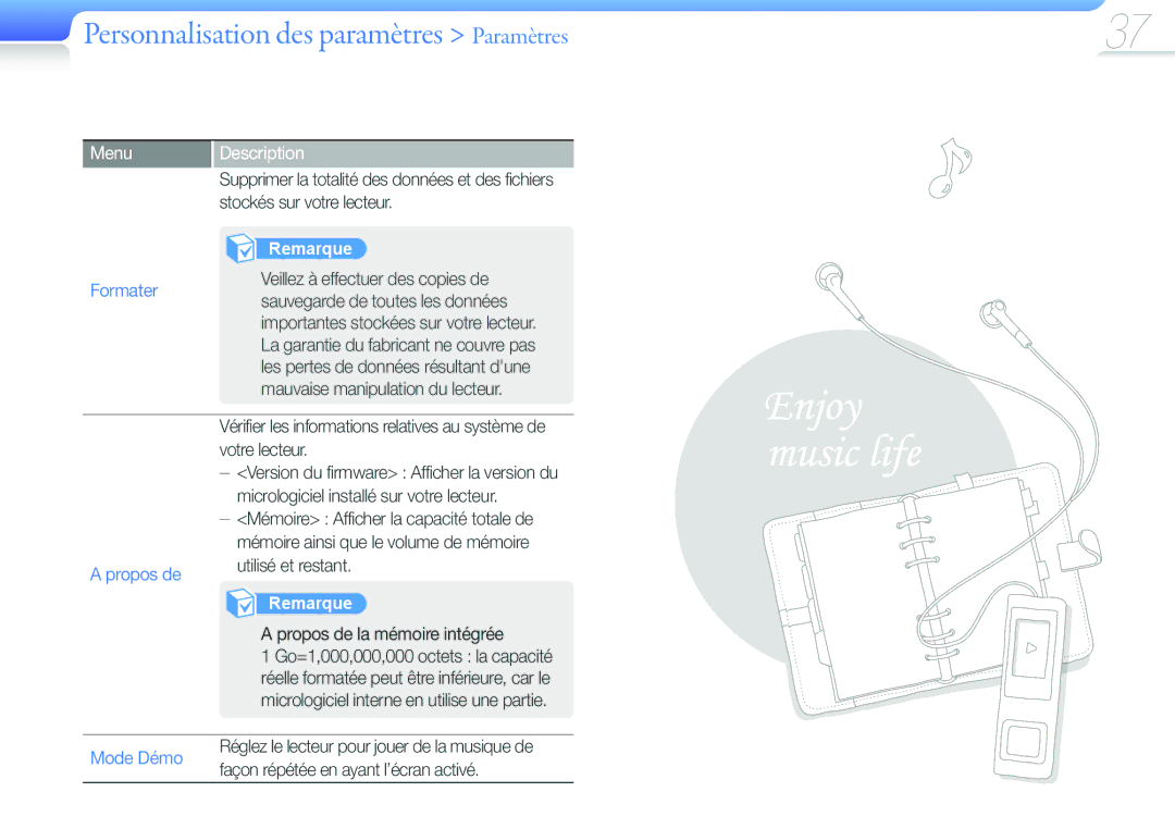 Samsung YP-U6QB/XEF, YP-U6AB/XEF, YP-U6AP/XEF, YP-U6QP/XEF manual Formater, Propos de, Mode Démo 