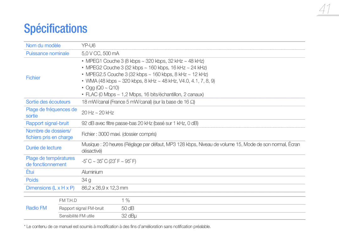 Samsung YP-U6QB/XEF, YP-U6AB/XEF, YP-U6AP/XEF, YP-U6QP/XEF manual Spécifications 