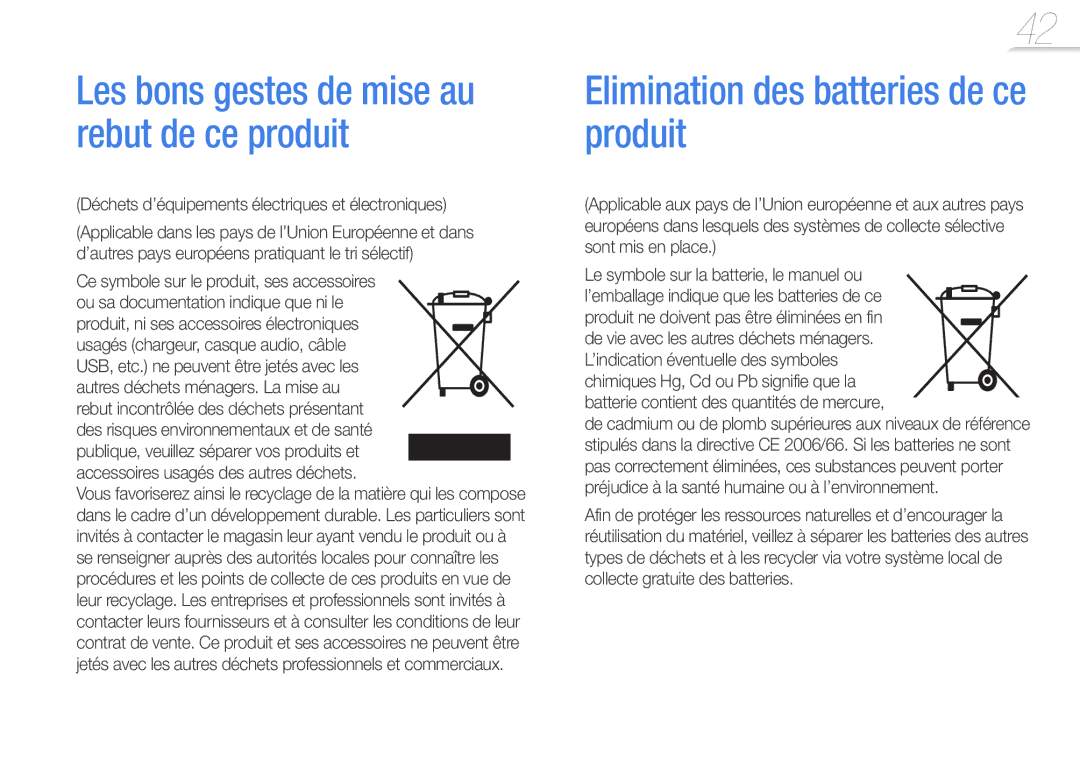 Samsung YP-U6AB/XEF manual Elimination des batteries de ce produit, Déchets d’équipements électriques et électroniques 