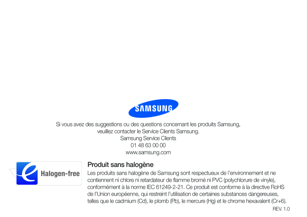 Samsung YP-U6QP/XEF, YP-U6AB/XEF, YP-U6AP/XEF, YP-U6QB/XEF manual Produit sans halogène, Rev 