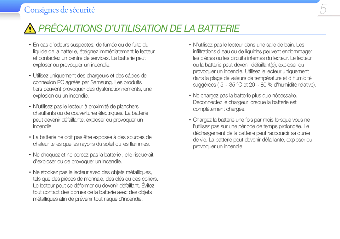 Samsung YP-U6QB/XEF, YP-U6AB/XEF, YP-U6AP/XEF, YP-U6QP/XEF manual Précautions D’UTILISATION DE LA Batterie 