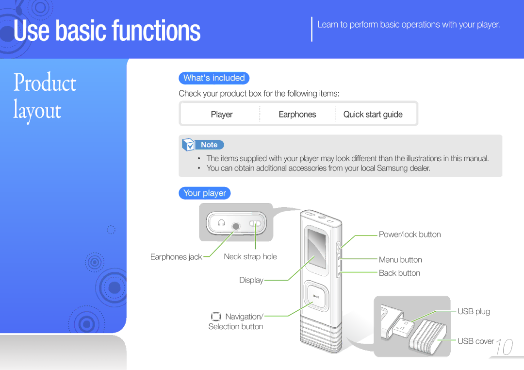 Samsung YP-U7 user manual Learn to perform basic operations with your player, Whats included, Your player 