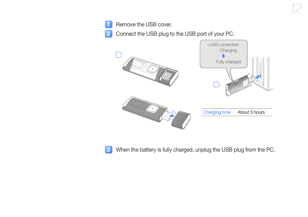 Samsung YP-U7 user manual Connect to a PC and charge the battery, Charging time 