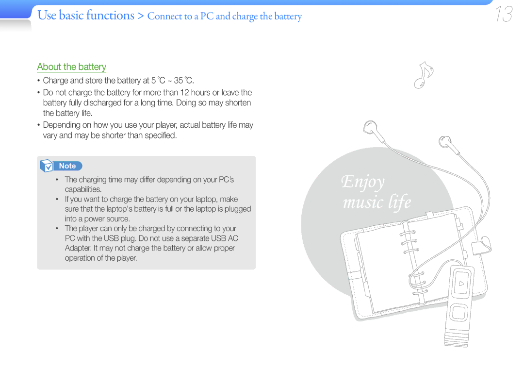 Samsung YP-U7 user manual Use basic functions Connect to a PC and charge the battery 