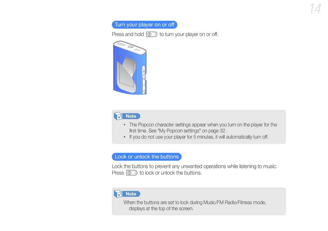 Samsung YP-U7 user manual Turn your player on or off, Lock or unlock the buttons 