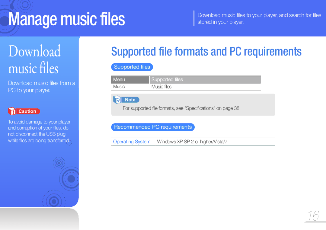 Samsung YP-U7 user manual Supported files, Recommended PC requirements 