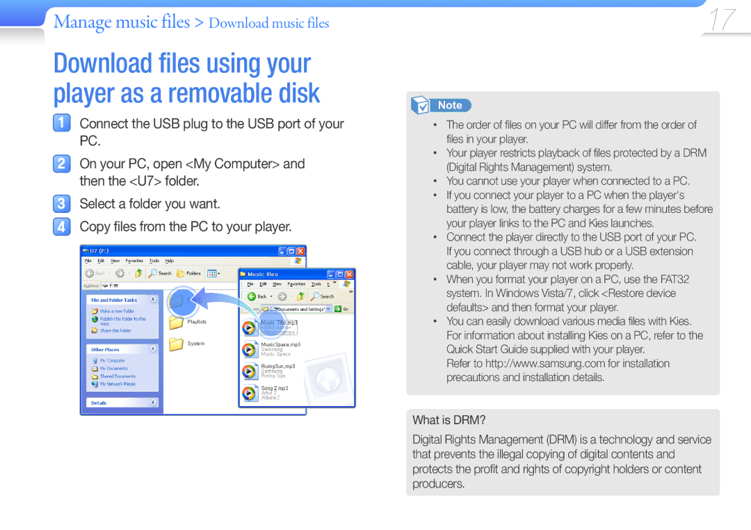 Samsung YP-U7 user manual Download files using your player as a removable disk 