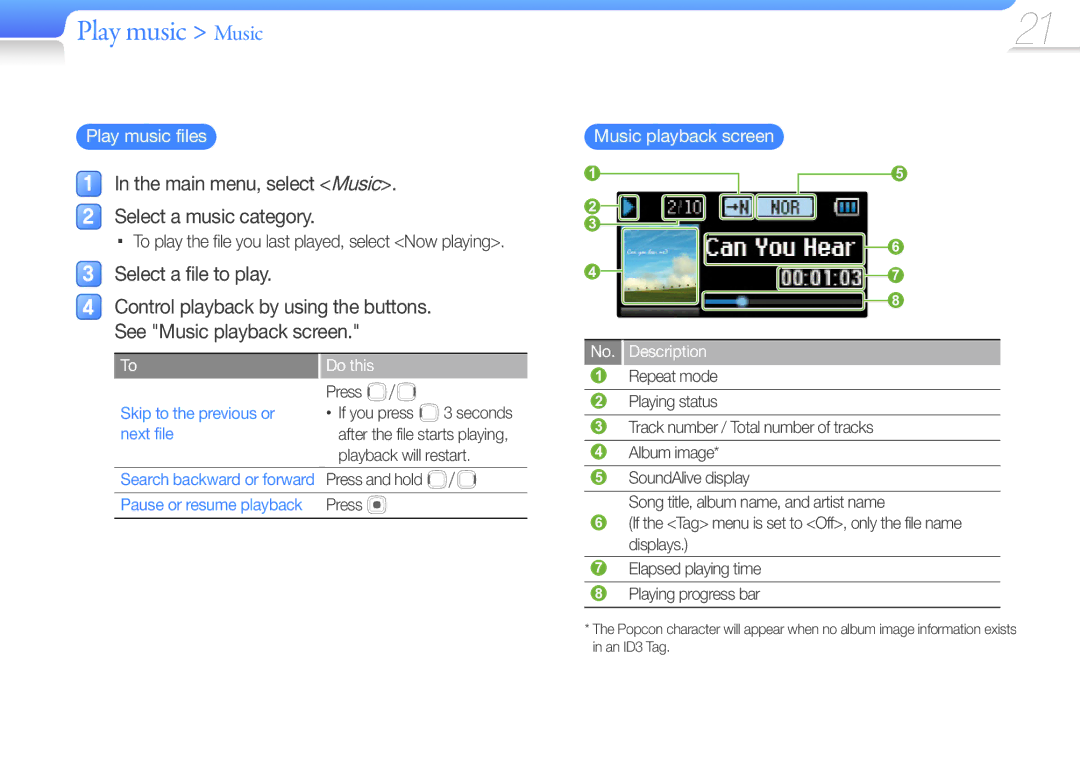 Samsung YP-U7 user manual Main menu, select Music Select a music category, Select a file to play, Play music files 