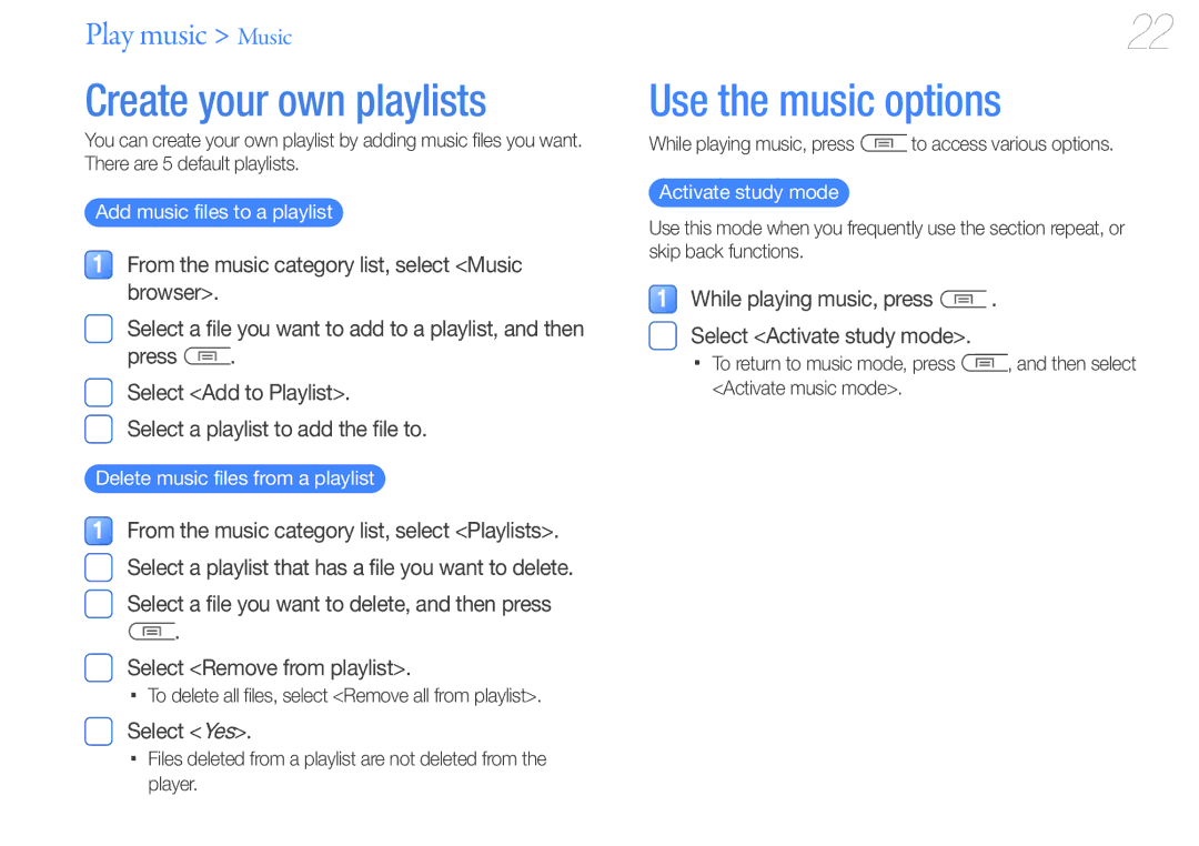 Samsung YP-U7 user manual Create your own playlists, Select Yes, While playing music, press Select Activate study mode 