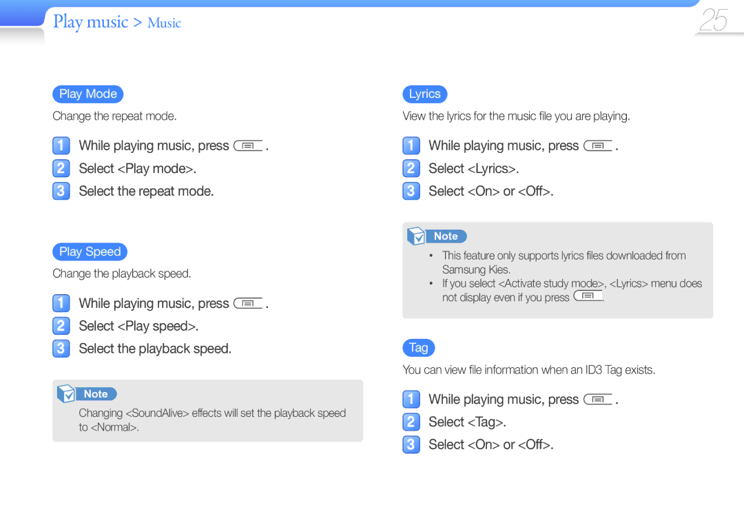 Samsung YP-U7 user manual While playing music, press Select Lyrics Select On or Off 