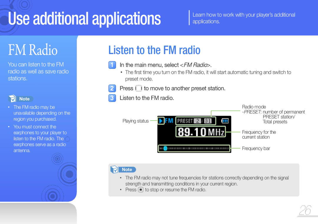 Samsung YP-U7 user manual Listen to the FM radio, Main menu, select FM Radio 