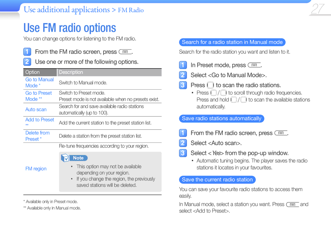 Samsung YP-U7 user manual Use FM radio options, Select Go to Manual Mode Press bto scan the radio stations 