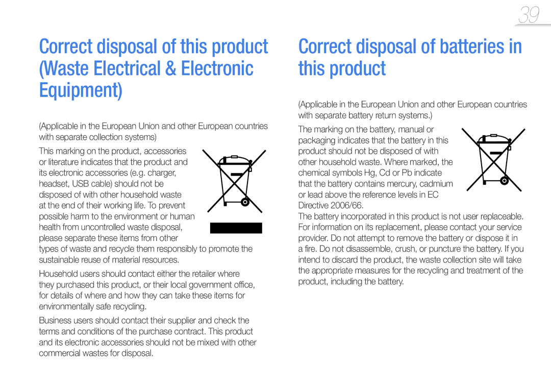 Samsung YP-U7 user manual Correct disposal of batteries in this product, Disposed of with other household waste 