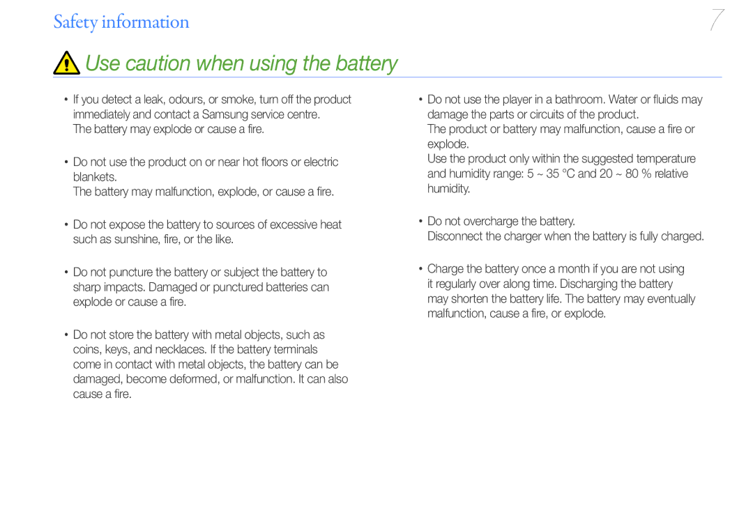 Samsung YP-U7 user manual Use caution when using the battery 